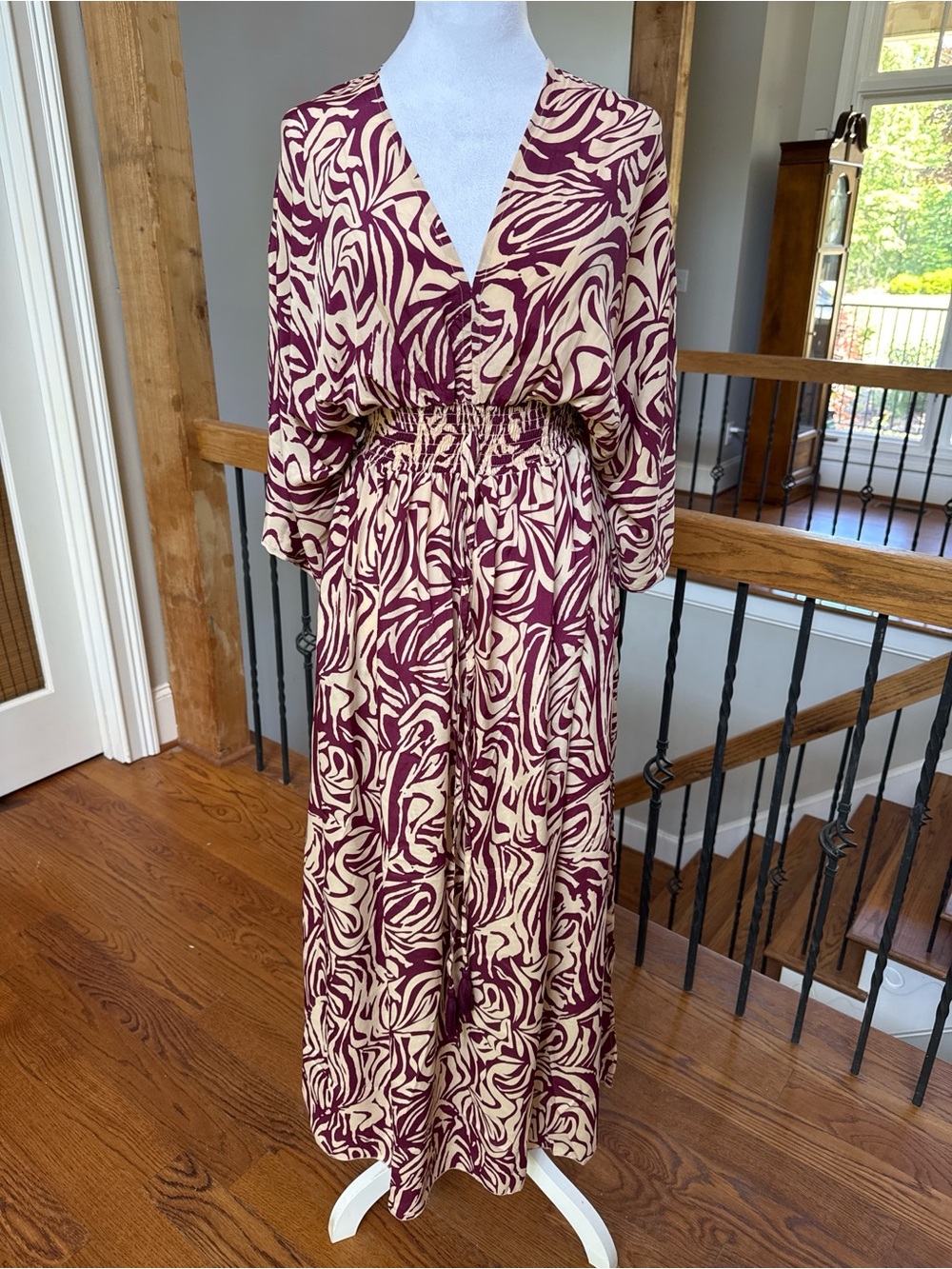 Silk Wine Red and Cream Kimono Dolman Sleeve Maxi Dress with Elastic Waist - Picture 2 of 6